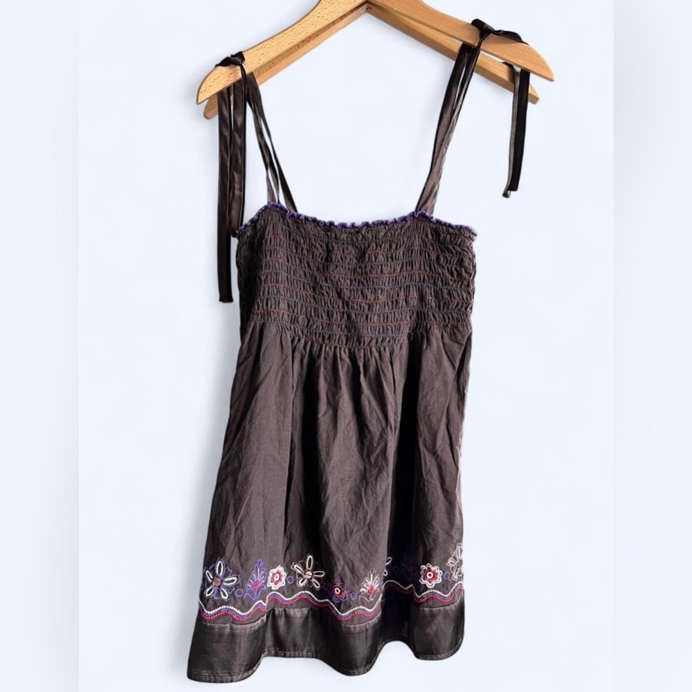 Y2K Dynamite Brown Smocked Boho Embroidery Fairy Peplum Top Whimsy Twee Medium